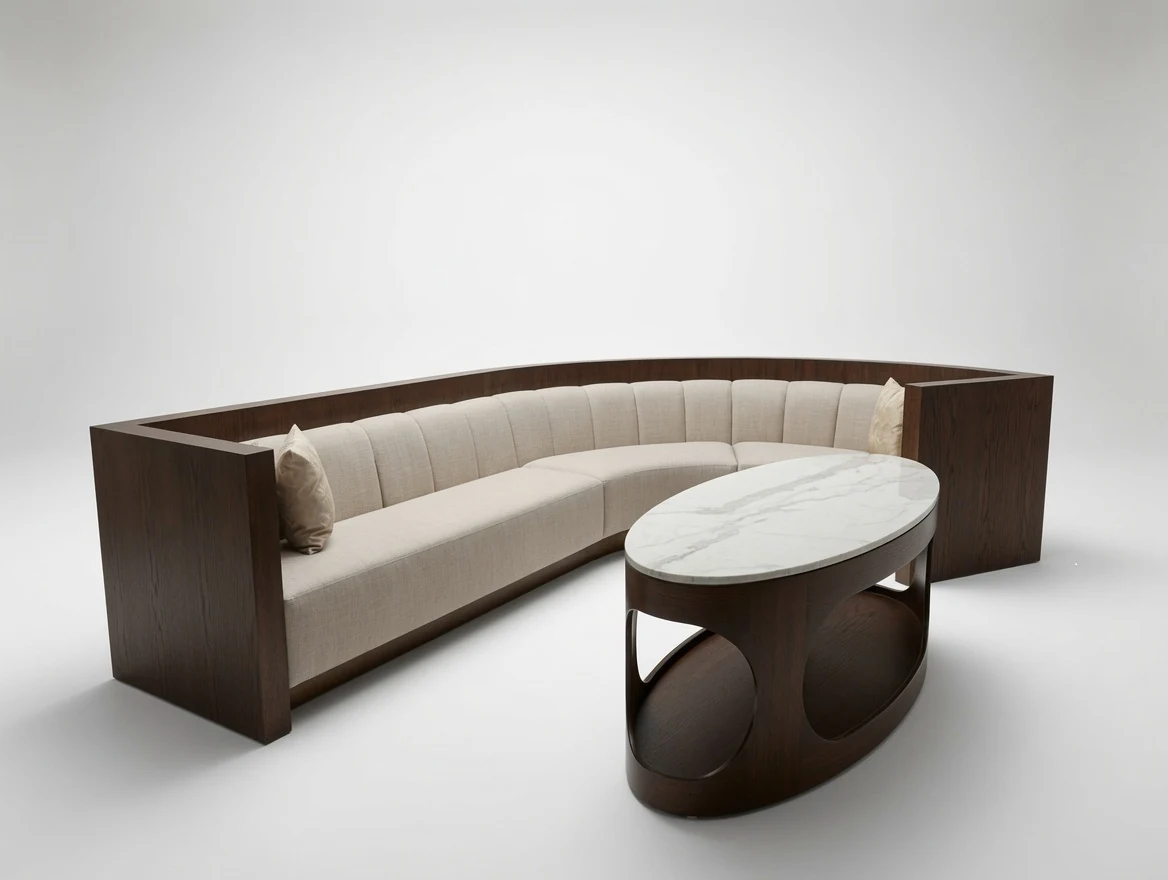 B-12-003 — curved upholstered banquette and round table from QBC