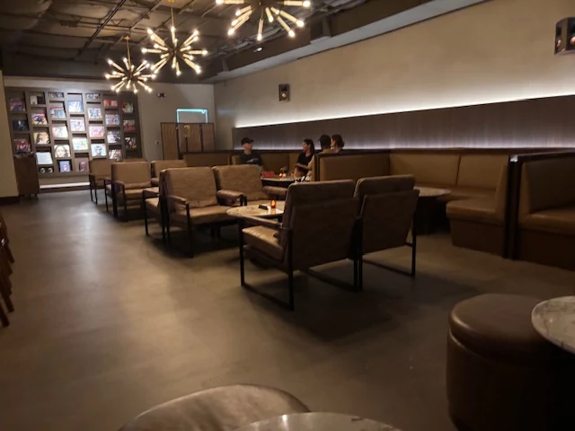 QBC booth seating and tables in a completed restaurant interior