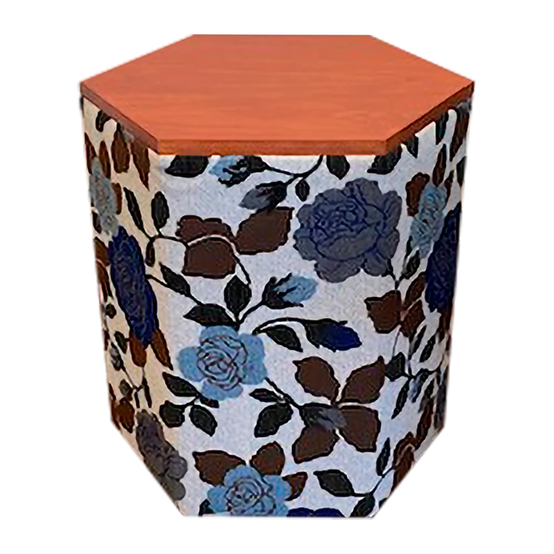 Blue Flower Pattern Ottoman with Wood Top